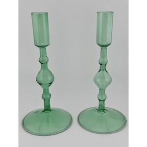 POKETO Green Handmade Glass Taper Candlestick Holder Set Of 2 NOS Open Box‎